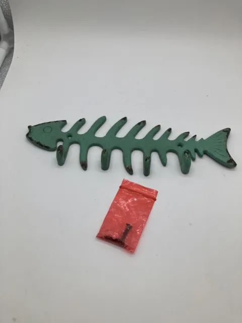 Seaworn Green Cast Iron Fish Bone Key Rack 10” Wall Hook Hat Cast Iron Fisherman
