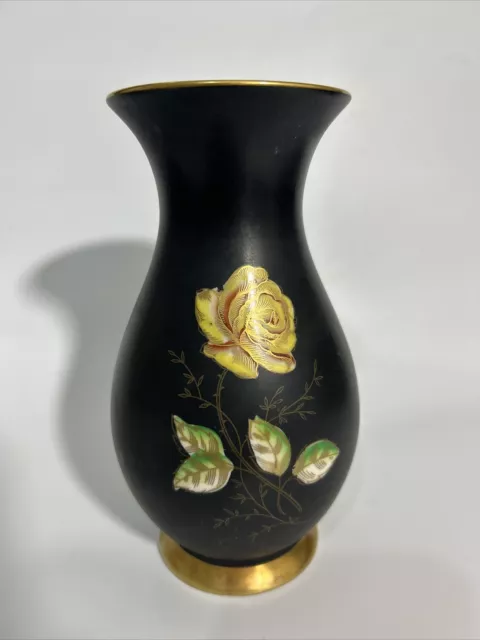 vase, schwarze Henkelvase Vase, Royal Porzellan Bavaria, KM, handarbeit Rose