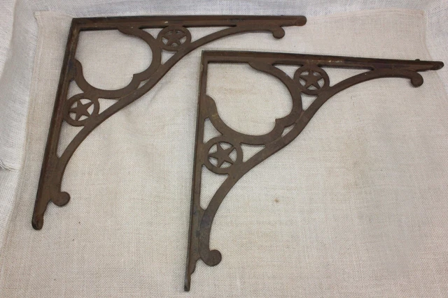 2 Old Shelf Countertop Supports Mantel Brackets 15 X 17” Vintage Iron Texas Star 2