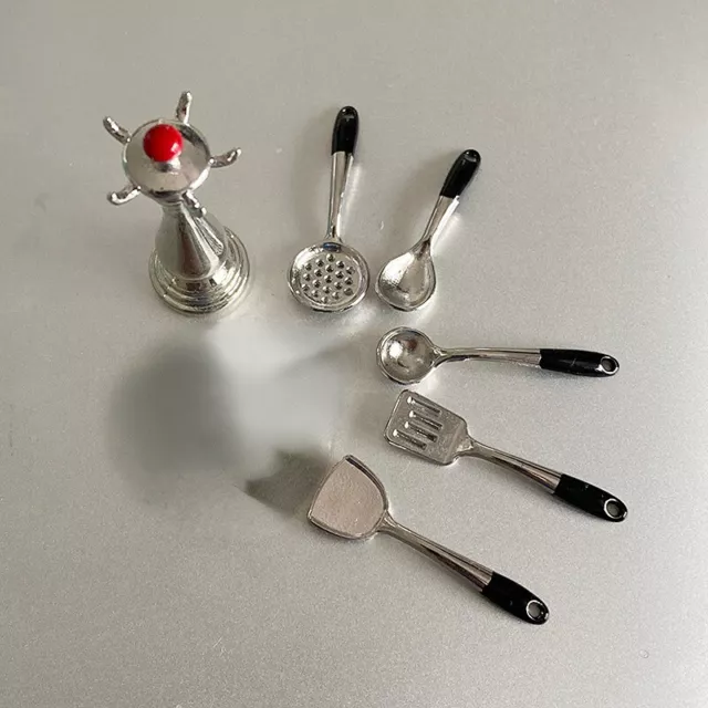 6 piezas Accesorio de espátula cuchara plateada con fugas de cocina a escala 1:12 para casa de muñecas