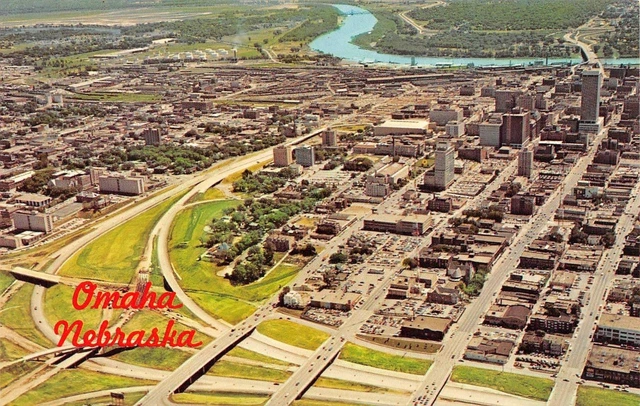 Omaha, NE Nebraska  CITY & MISSOURI RIVER  Bird's Eye~Aerial View  1978 Postcard