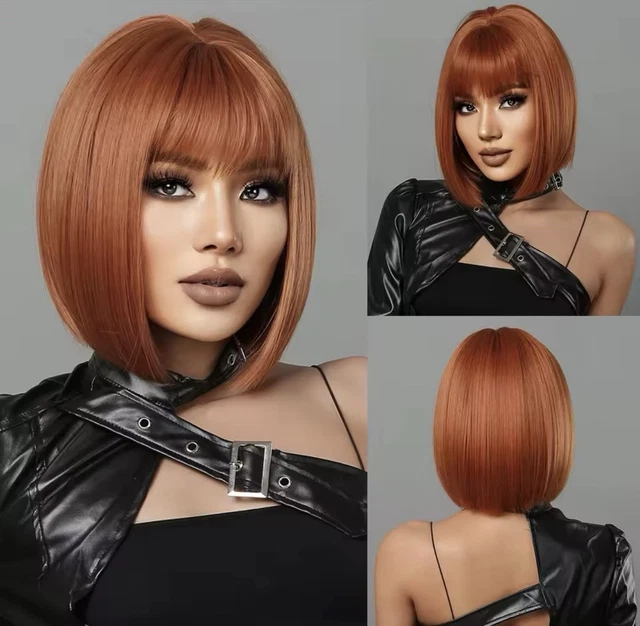Perruque Synthétique Rousse Courte Avec Frange Ondulée - Bonnet Ajustable