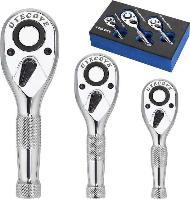 Stubby Ratchet Wrench Set 1/4" 3/8" 1/2" Drive Mini Ratchet 3pcs Set 72tooth Rev