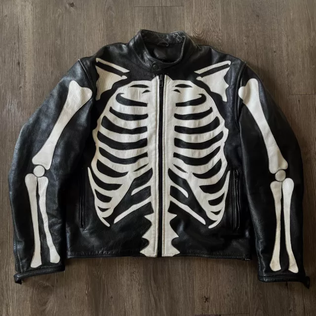 Men's Leather Jacket Motorcycle Skeleton Biker Genuine Cow Leather Jacket