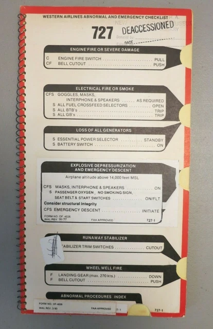 WESTERN AIRLINES BOEING 727 Abnormal and Emergency Checklist - 1980 £29 ...