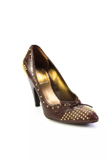 MIU MIU WOMENS Studded Leather Almond Toe Slip On Pumps Brown Gold Size ...