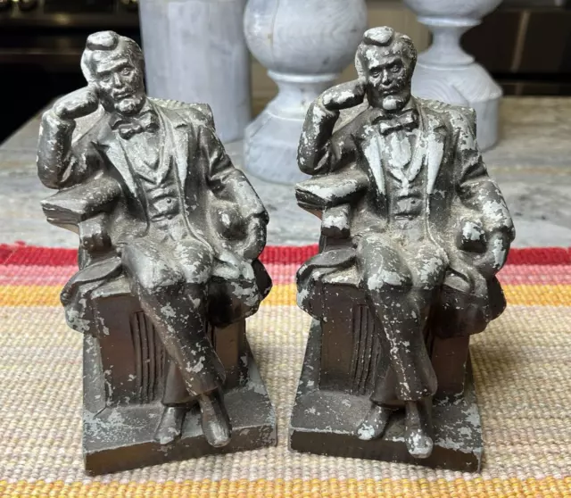 Pair Vintage Cast Metal Figural President Abraham Lincoln Seated Bookends