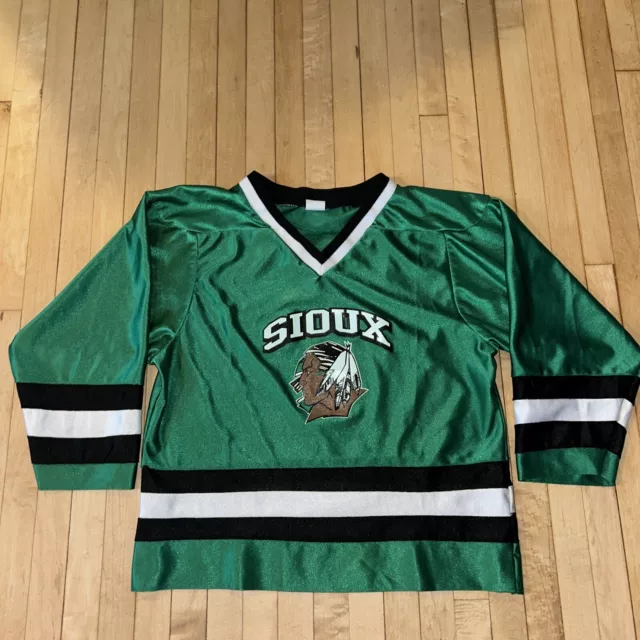 NDSU North Dakota Fighting Sioux Green Hockey Jersey Youth Boys Sz 9/10 Old Logo