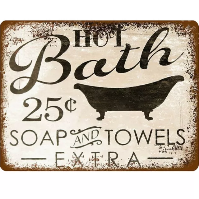 Retro Vintage Hot Bath 25c Soap And Towels Extra Bathroom Home Metal Wall Sign