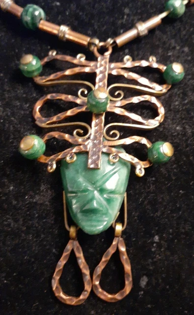 Old Vintage Copper Mayan Aztec Huge 4" Tribal Pendant 24" hand wrought Necklace
