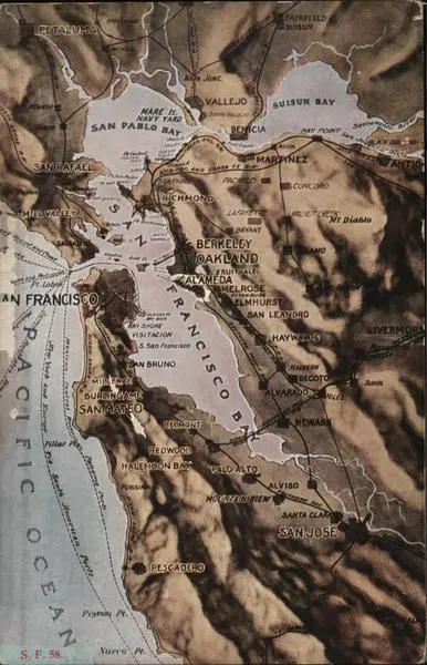 Map of San Francisco Bay,CA California Pacific Novelty Co. Antique Postcard