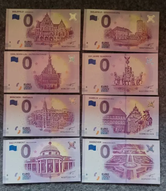 0 Euro Scheine Dt. 2018 - Lot von 8 - Bielefeld, München, Esslingen, Hameln ua.