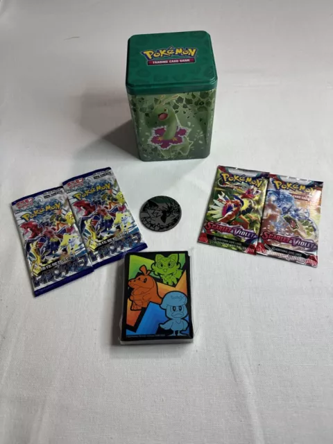 POKEMON COLLECTION TIN+ 2xJapanese packs +2xEnglish packs +Deck Sleeves +Coin 2