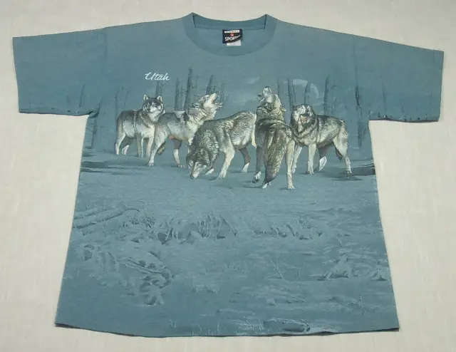 Vtg WOLF Animal Nature Wildlife Habitat T-Shirt (1994) Utah ALL OVER PRINT! L