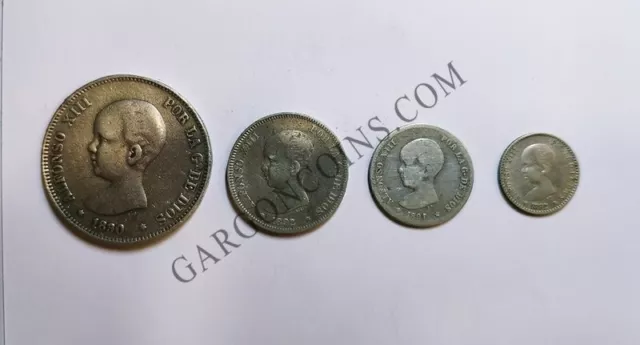 Lote de 5,2 ,1 peseta y 50 céntimos de Alfonso XIII pelon