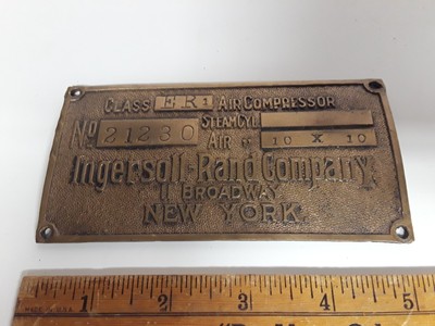 Vintage Ingersoll Rand Brass Plate Sign New York Air Compressor Plate