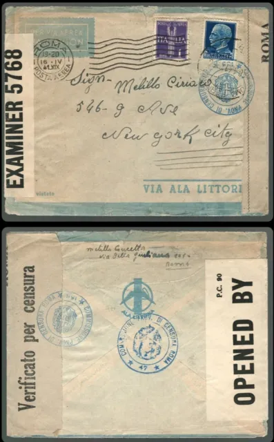 Italy Airmail Cover Pan Am Rome to New York 1941 Censored