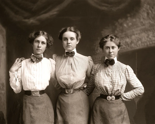 Victorian Era...Women w_ Large Belt Buckles & Bowties c.1900s Photo Reprint 8x10