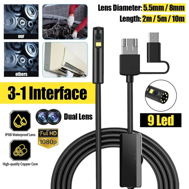 2-10M Hartes Kabel USB Endoskop Kamera 8mm 9LED Inspektionkamera Wasserdicht