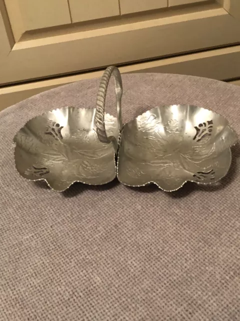 Rose Pattern Double Scallop Tray with Ribbon Handle Hammered Aluminum