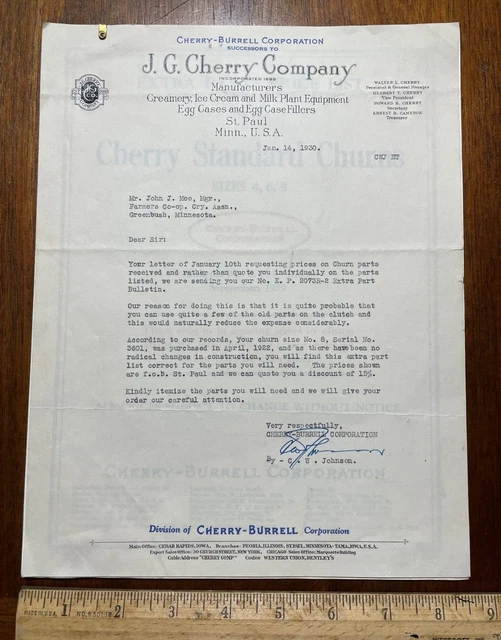 Vintage 1930 letterhead JG Cherry Burrell Ice Cream churns egg cases St Paul MN