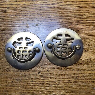 Asian Vintage Chinese solid brass bail handle drawer pulls. Set Of 2. With Screw