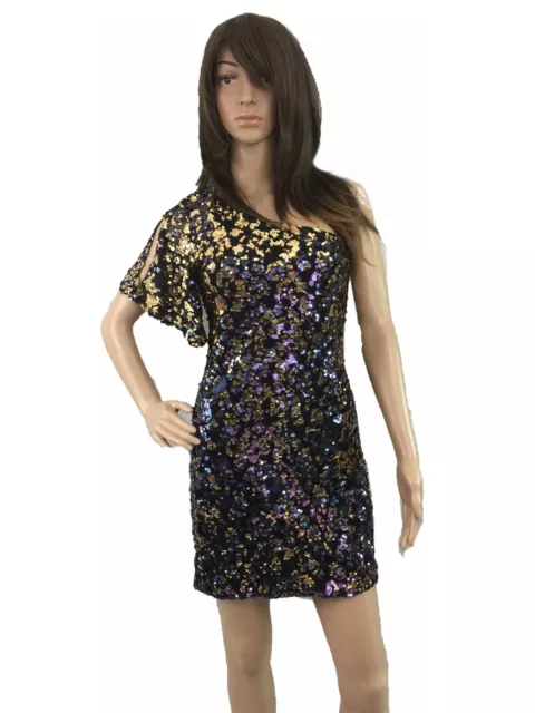 As U Wish Womens Dress Textured Fit and Flare Sequined Shiny One Shoulder Medium