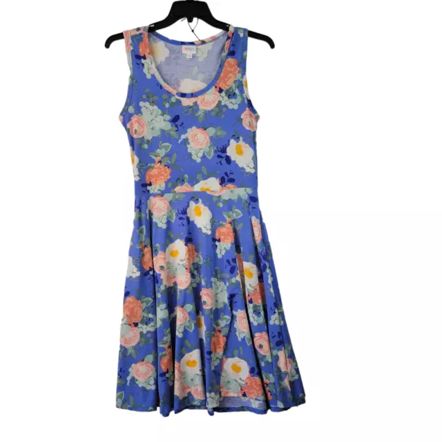 LuLaRoe Womens Blue Floral Sleeveless A Line Sundress Scoop Neck Size Medium