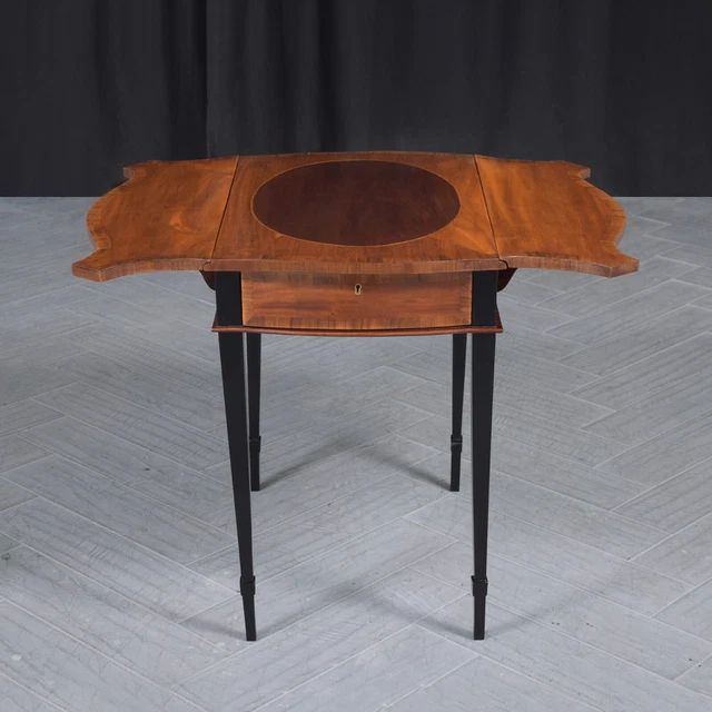 Late 19th-Century Mahogany Pembroke Table with Plume Inlays & Brass Casters
