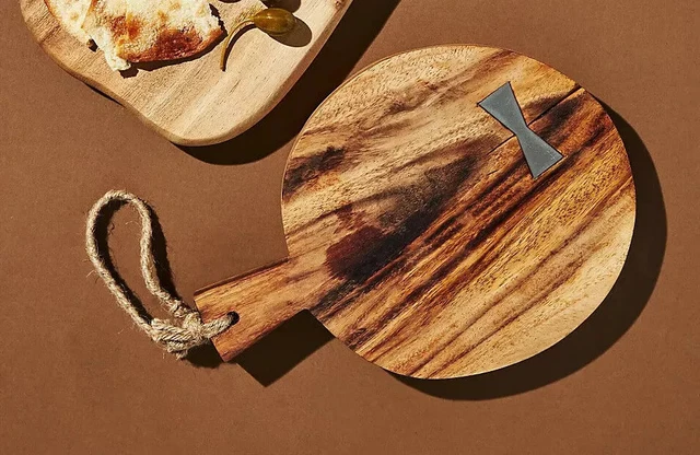 Anthropologie Bow Tie Round 12" Dia Acacia Wood Cheese Cutting Serving Board NEW