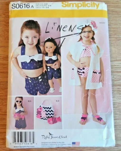 NEW Simplicity Pattern S 0616 Girls sz 3-8 Swimsuit*Cover*Hat PLUS for 18" Doll