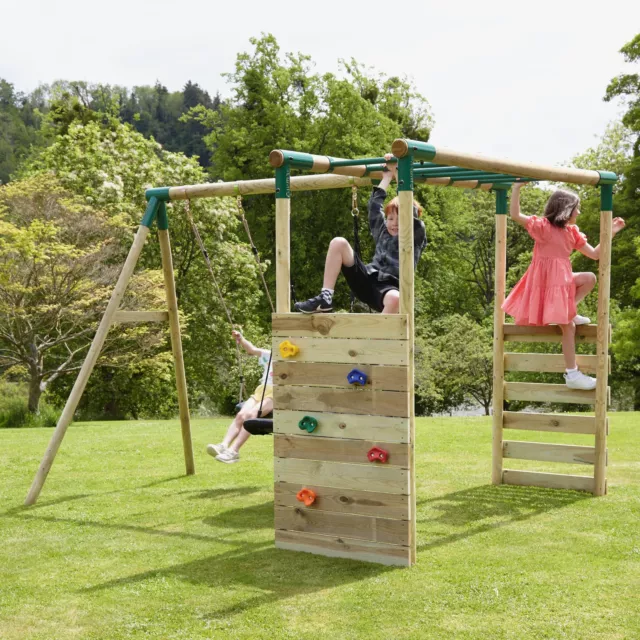 Rebo Wooden Garden Swing Set with Extra-Long Monkey Bars