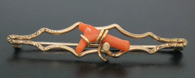 Antique Victorian 10K Yellow Gold Open Pin Brooch w/ Natural Red Branch Coral