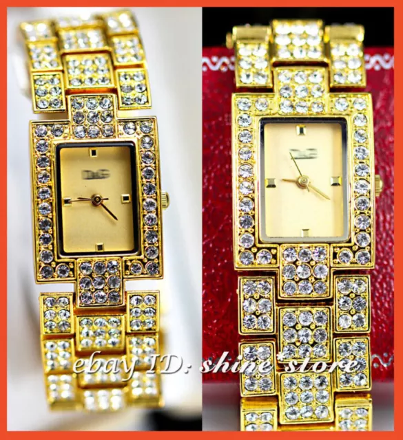 LADIES GOLD COLOR made with Swarovski Crystal BRACELET WRIST DIAMOND WATCH GIFT