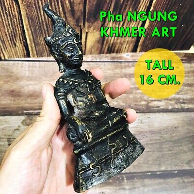 Vintage Bronze Statue Ngung Ngan Khmer Art Miniature Feng Shui Thai Amulet 16533