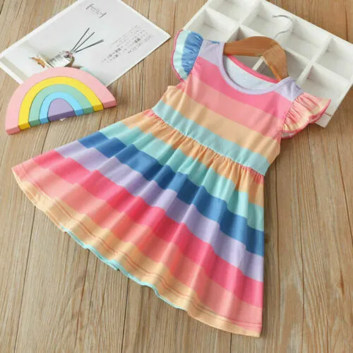 Kids Girls 1-4Y Striped Dress Short Sleeve Summer Cartoon Sundress Bab Toddler