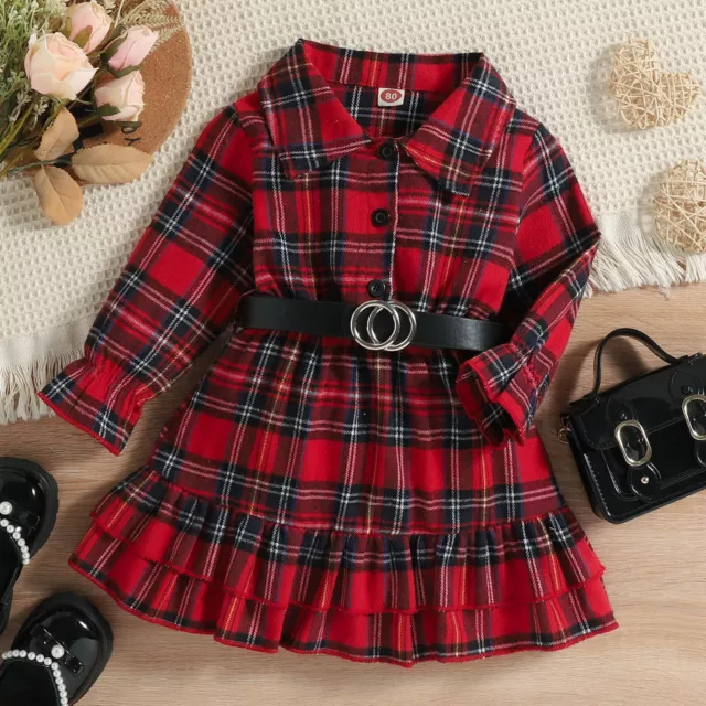 Toddler Girls Long Sleeve Ruffles Plaid Prints Dress Belt Set