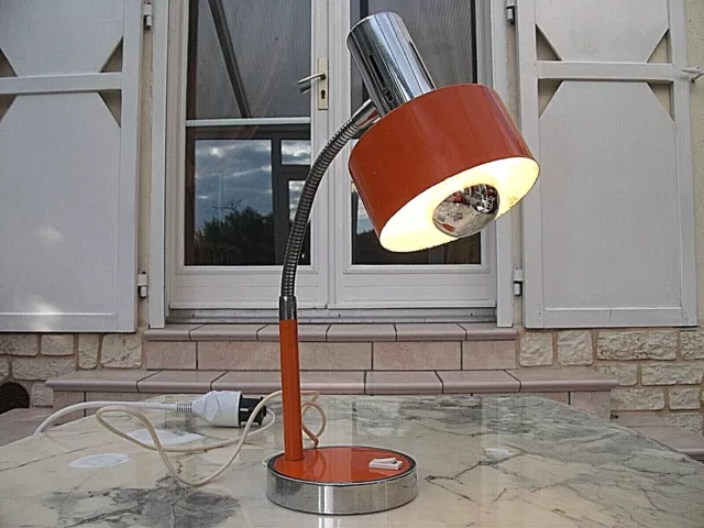 Lampe De Bureau Vintage Metal Orange Et Chrome-Tige Flexible-Design Annees 60-70