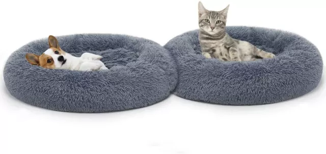 Comfortable Round Donut Cuddler Pet Bed Calming Faux Fur Dog Cat Bed Dark Grey