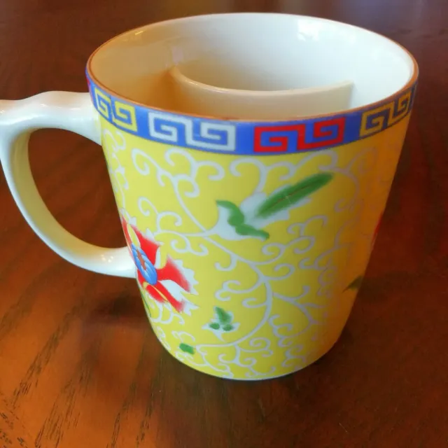 Asian Chinese Porcelain Yellow Tea/Coffee Mug Cup Red Floral Design pre-owned