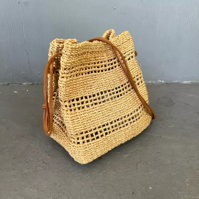 Vintage Raffia Straw Leather Beach Summer Crossbody Bucket Bag - Tan OS
