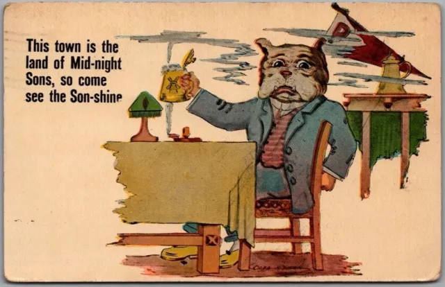 1917 Comic Postcard "This Town is the Land of Mid-night Sons" Bulldog / Beer