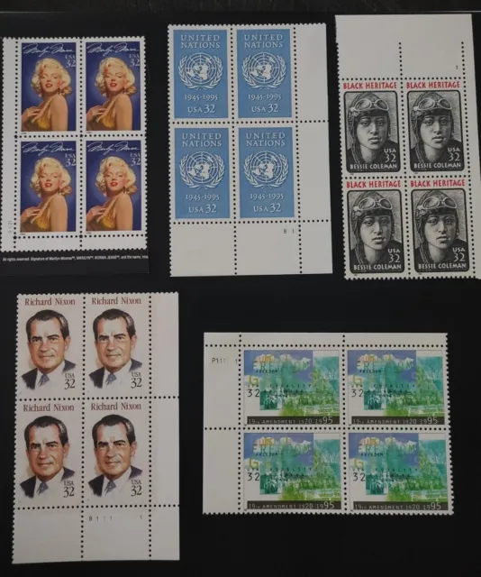 Lot of 13 - 32 Cent Issue Plate Blocks of 4. US Stamps. MNH. Free Shipping!