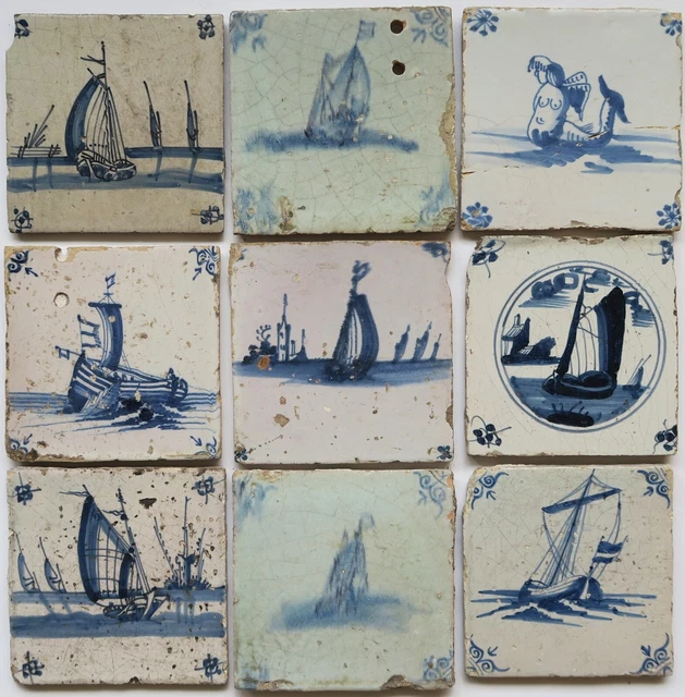 9 original Dutch Delftware Delft faience tile carreaux, seaceature, ships, VOC,