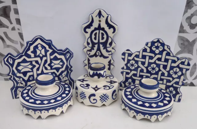 Hand Painted Ceramic Candle Sconce  * Candle Stick * Fes Pottery * Blue & White