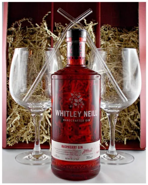Whitley Neill Raspberry Handcrafted Gin +2 Cocktailgläser +2 Trinkhalme Geschenk