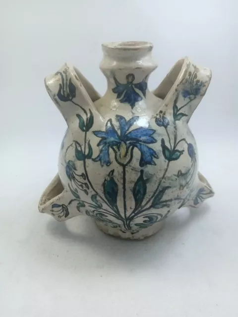 Antique Ancient Ayyubid Glazed Pottery Water Bottle Flower Draw Colored Islamic