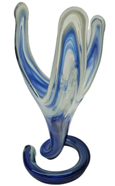 Murano style Hand Blown Art Glass Vase Trumpet Flower blue 12 1/2" tall Ornate
