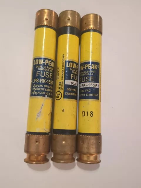 BUSSMANN LOW-PEAK LPS-RK-15SP- 15AMP, 600V, DUAL-ELEMENT FUSES LOT OF 3 low Peak