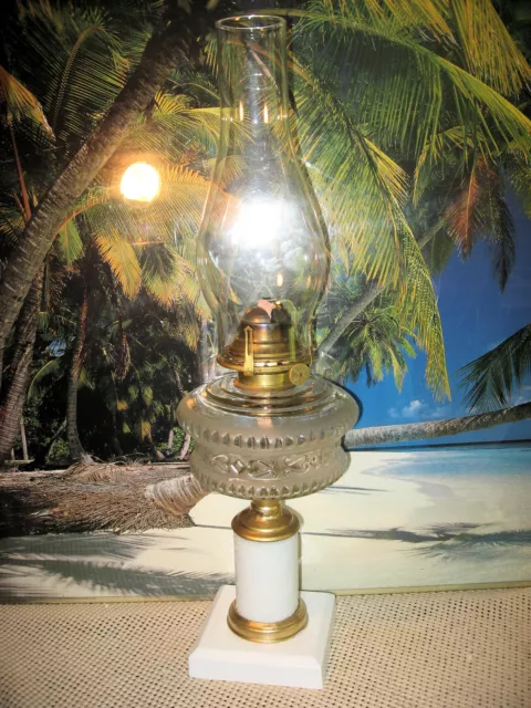 Antique Tall Footed Sandwich Glass Oil And Kerosene Lamp With Abco Brass Burner